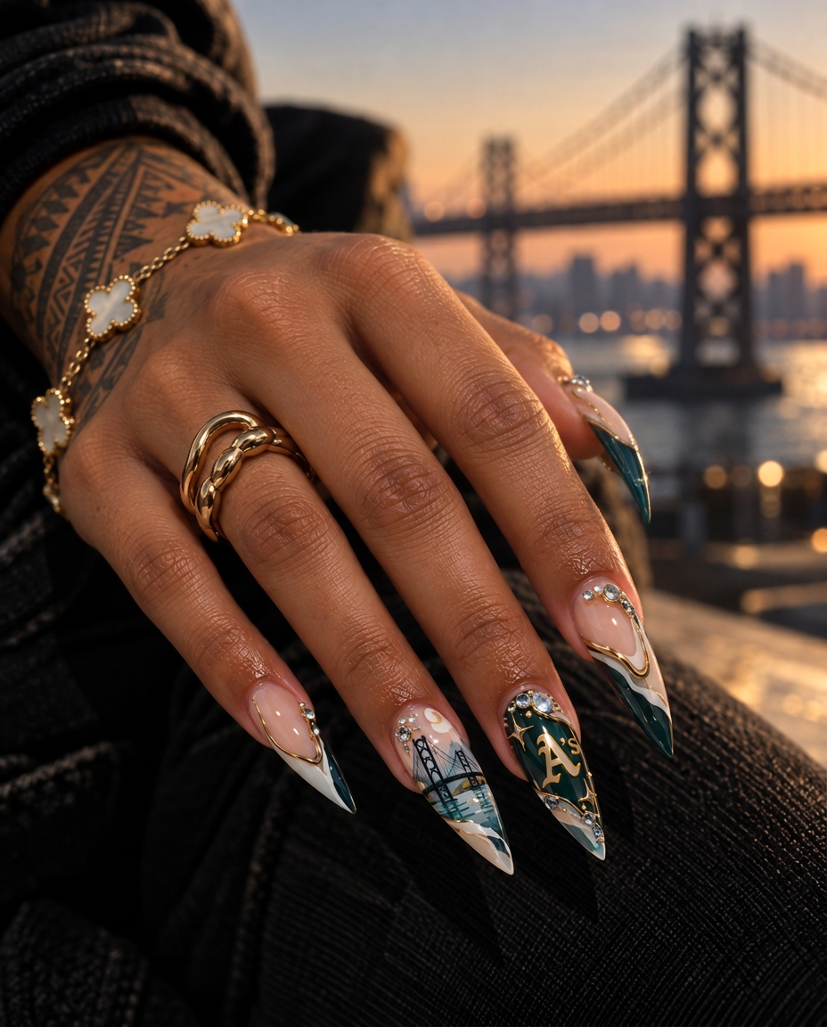 Naturally posed hand showing Bay Bridge nail art and green and gold detailing